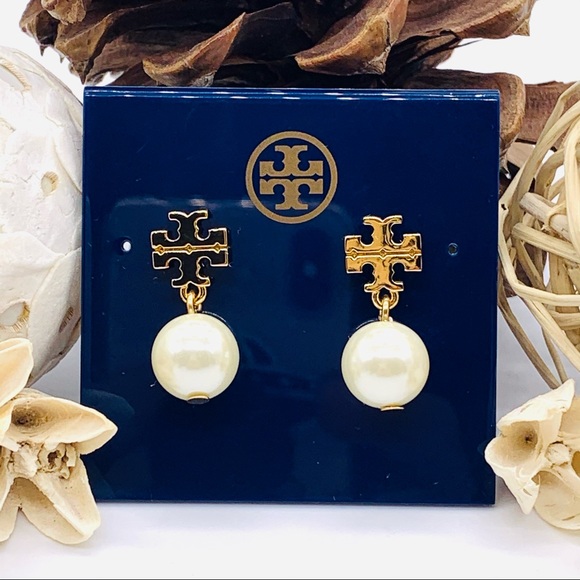 Tory Burch Gold Tone Logo Drop Pearl Earrings - Picture 5 of 8